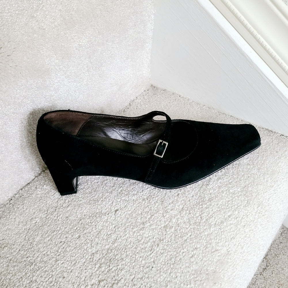 French black suede Mary Jane small heel dark buckle